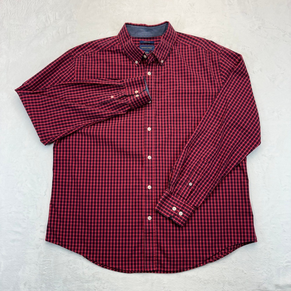 Mason James Mens Large Red Navy Blue Plaid Stretch Button Down Shirt Long Sleeve